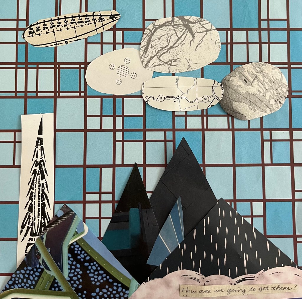 Paper collage showing mountains and clouds in shades of blue and white